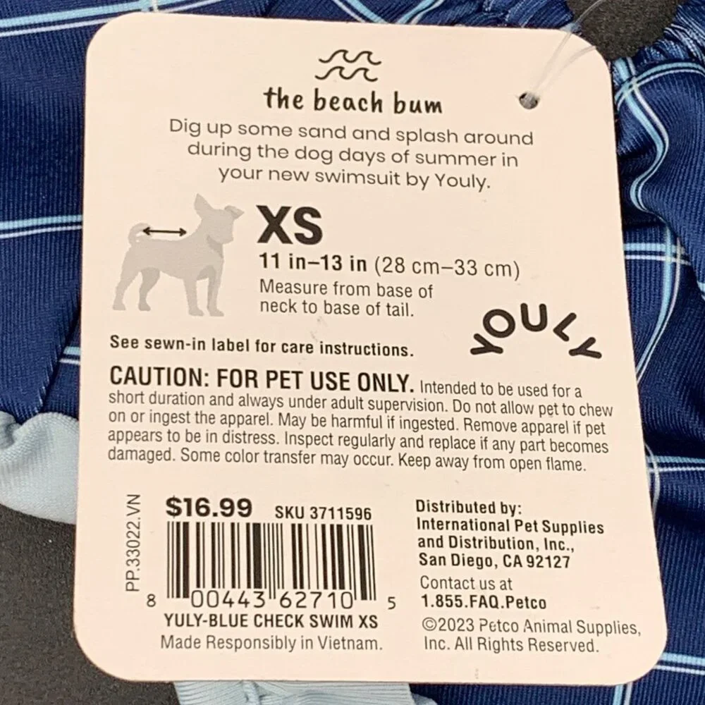 Youly Swimsuit XS 11-13 Inch‎ Pet Dog Blue Check The Beach Bum UPF 50